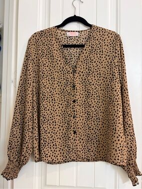 Womens Tan Leopard-Print Button Front Blouse
